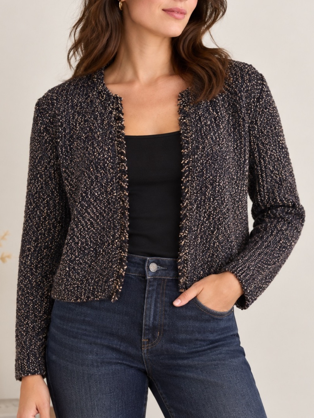EILEEN FISHER Wool Blend Cropped Cardigan Marled Textured Open Front M